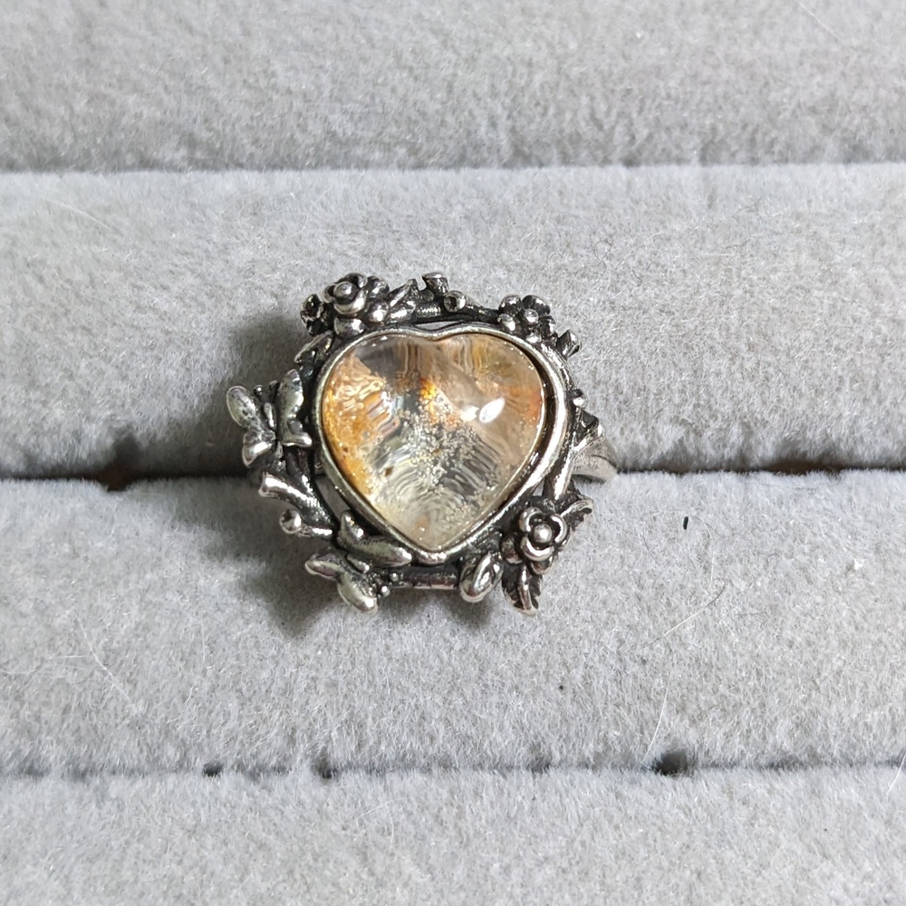 Silver Heart Floral Ring